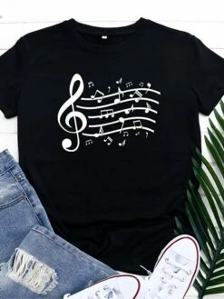 Women's T Shirt Tee 100% Cotton Black White Light Green Music Print Short Sleeve Daily Weekend Basic Round Neck Regular Fit -LIGHTINTHEBOX Shop qiirjl1646893744605