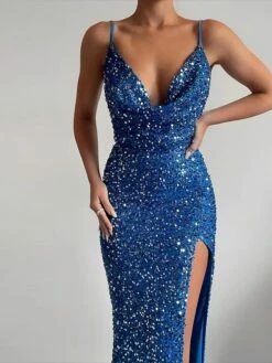 Women‘s Prom Dress Party Dress Sequin Dress Long Dress Maxi Dress Blue Sleeveless Pure Color Sparkly Glitter Sequins Spring Fall Winter Spaghetti Strap Fashion Wedding Guest Birthday Evening