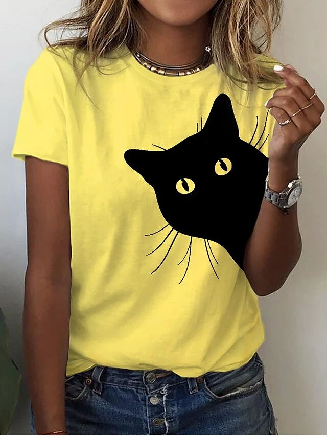 Women's T Shirt Tee 100% Cotton White Yellow Pink Cat 3D Print Short Sleeve Casual Weekend Basic Round Neck Regular Fit 3D Cat Painting 4 Women's T Shirt Tee 100% Cotton White Yellow Pink Cat 3D Print Short Sleeve Casual Weekend Basic Round Neck Regular Fit 3D Cat Painting - Image 2