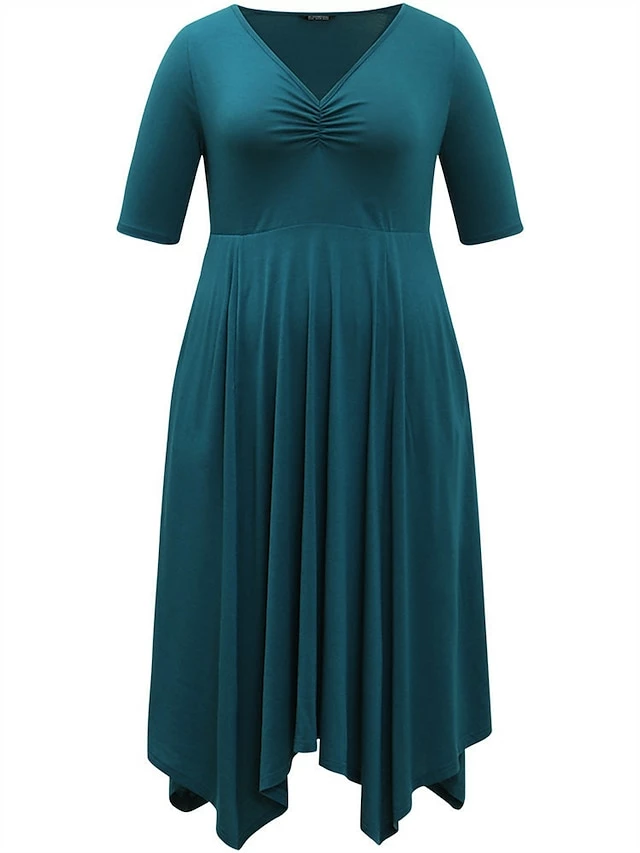 Women's Plus Size Curve Casual Dress Swing Dress A Line Dress Plain Midi Dress Half Sleeve Ruched Pocket V Neck Fashion Daily Dark Green Spring Fall L XL 2XL 3XL 4XL 9 Women's Plus Size Curve Casual Dress Swing Dress A Line Dress Plain Midi Dress Half Sleeve Ruched Pocket V Neck Fashion Daily Dark Green Spring Fall L XL 2XL 3XL 4XL - Image 7