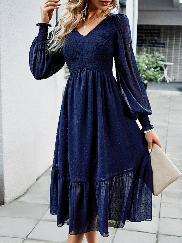 Women's Casual Dress Black Dress Plain Dress Midi Dress Ruched Street Daily Holiday Fashion Streetwear V Neck Long Sleeve 2023 Slim Black Blue Dark Blue Color S M L XL Size 5 Women's Casual Dress Black Dress Plain Dress Midi Dress Ruched Street Daily Holiday Fashion Streetwear V Neck Long Sleeve 2023 Slim Black Blue Dark Blue Color S M L XL Size - Image 3