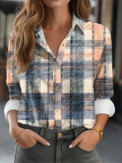 Women's Shirt Blouse Yellow Blue Sky Blue Plaid Button Print Long Sleeve Casual Vintage Fashion Basic Shirt Collar Regular Fit Spring Fall