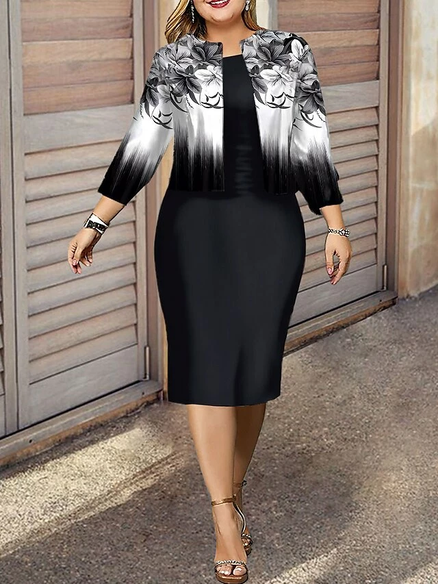 Women's Plus Size Curve Casual Dress Dress Set Two Piece Dress Floral Gradient Midi Dress Long Sleeve Print Crew Neck Fashion Outdoor Black Red Fall Winter L XL XXL 3XL 4XL 4 Women's Plus Size Curve Casual Dress Dress Set Two Piece Dress Floral Gradient Midi Dress Long Sleeve Print Crew Neck Fashion Outdoor Black Red Fall Winter L XL XXL 3XL 4XL - Image 2