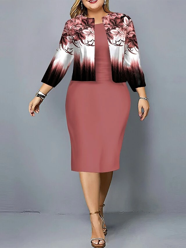 Women's Plus Size Curve Casual Dress Dress Set Two Piece Dress Floral Gradient Midi Dress Long Sleeve Print Crew Neck Fashion Outdoor Black Red Fall Winter L XL XXL 3XL 4XL 6 Women's Plus Size Curve Casual Dress Dress Set Two Piece Dress Floral Gradient Midi Dress Long Sleeve Print Crew Neck Fashion Outdoor Black Red Fall Winter L XL XXL 3XL 4XL - Image 4