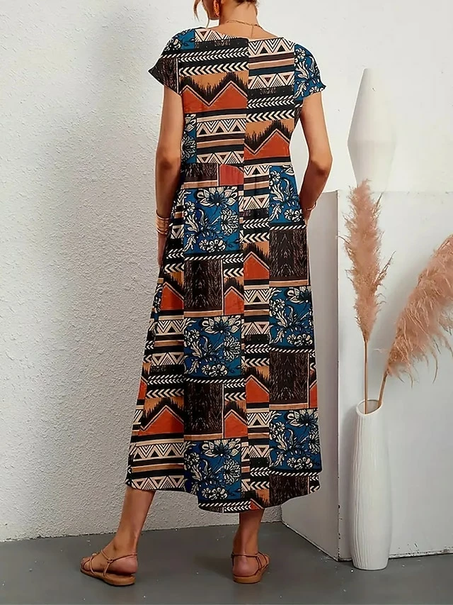 Women's Casual Dress Cotton Linen Dress Swing Dress Midi Dress Linen / Cotton Blend Fashion Ethnic Style Outdoor Daily Holiday Crew Neck Pocket Print Short Sleeve Summer Spring 2023 Loose Fit Black 4 Women's Casual Dress Cotton Linen Dress Swing Dress Midi Dress Linen / Cotton Blend Fashion Ethnic Style Outdoor Daily Holiday Crew Neck Pocket Print Short Sleeve Summer Spring 2023 Loose Fit Black - Image 2