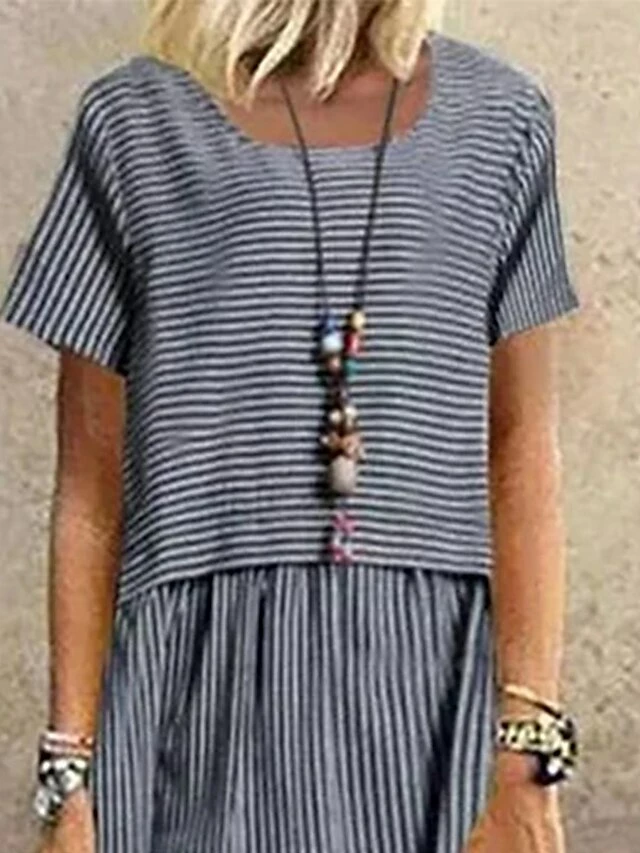 Women's Casual Dress A Line Dress Summer Dress Long Dress Maxi Dress Cotton Fashion Streetwear Outdoor Daily Vacation Crew Neck Print Short Sleeve Summer Spring 2023 Loose Fit Gray Striped S M L XL 5 Women's Casual Dress A Line Dress Summer Dress Long Dress Maxi Dress Cotton Fashion Streetwear Outdoor Daily Vacation Crew Neck Print Short Sleeve Summer Spring 2023 Loose Fit Gray Striped S M L XL - Image 3