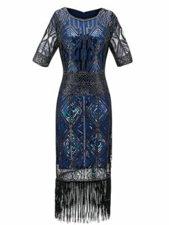 Women's Retro 1920s Fringe Dress Midi Dress Party Halloween Sequins Tassel Fringe Geometric Crewneck Short Sleeve Regular Fit Spring Fall 2023 Red Blue S M L XL -LIGHTINTHEBOX Shop qkvvjk1693206882395