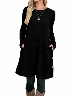 Women's Work Dress Casual Dress A Line Dress Fashion Daily Mini Dress Button Pocket Crew Neck Long Sleeve Plain Loose Fit Black Pink Gray Fall Winter S M L XL XXL -LIGHTINTHEBOX Shop qkzwiy1697185362553