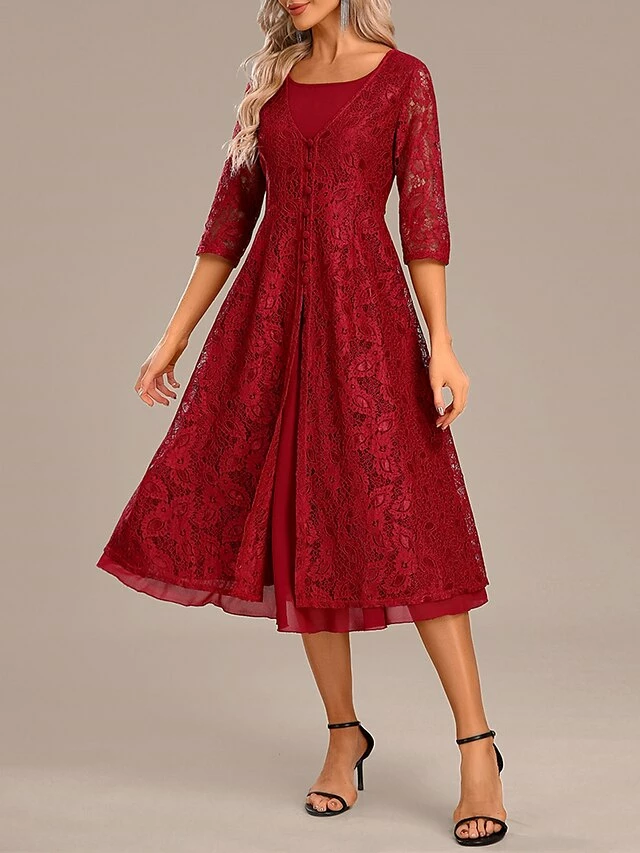 Women's Party Dress Lace Dress Cocktail Dress Midi Dress Red 3/4 Length Sleeve Pure Color Lace Spring Fall Winter Crew Neck Fashion Winter Dress Christmas Wedding Guest 2023 S M L XL XXL 3XL 6 Women's Party Dress Lace Dress Cocktail Dress Midi Dress Red 3/4 Length Sleeve Pure Color Lace Spring Fall Winter Crew Neck Fashion Winter Dress Christmas Wedding Guest 2023 S M L XL XXL 3XL - Image 4