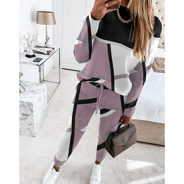 Women's Sweatshirt Tracksuit Pants Sets Camel Purple Green Geometric Color Block Drawstring Print Long Sleeve Sports Outdoor Casual Active Streetwear Crew Neck Regular Fit Fall & Winter 6 Women's Sweatshirt Tracksuit Pants Sets Camel Purple Green Geometric Color Block Drawstring Print Long Sleeve Sports Outdoor Casual Active Streetwear Crew Neck Regular Fit Fall & Winter - Image 4