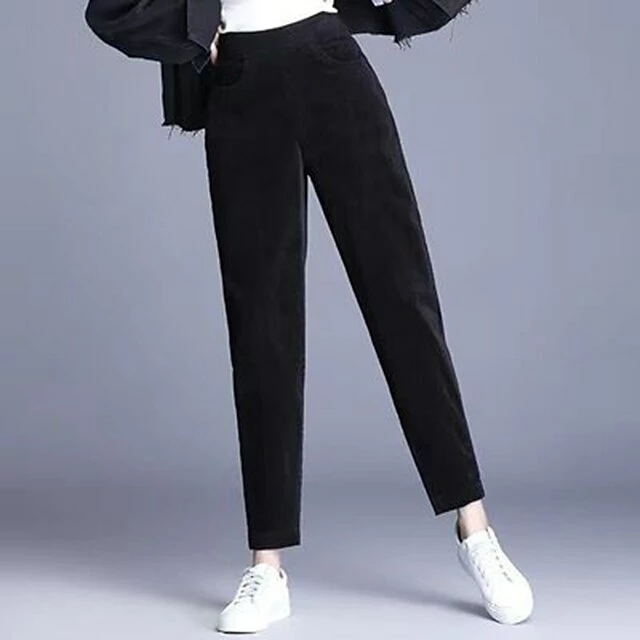 Women‘s Fleece Corduroy Pants Chinos Trousers Ankle-Length Side Pockets Micro-elastic Mid Waist Fashion Casual Weekend Black Brown S M 5 Women‘s Fleece Corduroy Pants Chinos Trousers Ankle-Length Side Pockets Micro-elastic Mid Waist Fashion Casual Weekend Black Brown S M - Image 3