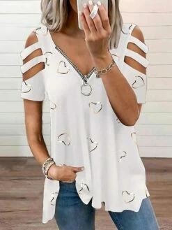 Women's Shirt Going Out Tops Blouse Concert Tops White Pink Blue Heart Cut Out Quarter Zip Print Short Sleeve Casual Basic V Neck Regular Fit