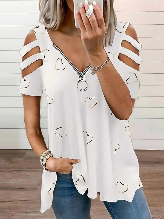 Women's Shirt Going Out Tops Blouse Concert Tops White Pink Blue Heart Cut Out Quarter Zip Print Short Sleeve Casual Basic V Neck Regular Fit 3 Women's Shirt Going Out Tops Blouse Concert Tops White Pink Blue Heart Cut Out Quarter Zip Print Short Sleeve Casual Basic V Neck Regular Fit