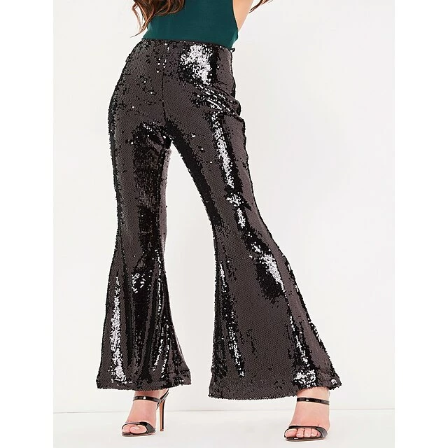 Women's Bootcut Flare Flared Pants Bell Bottom Silver Black Mid Waist Fashion Party Casual Weekend Sequins Micro-elastic Ankle-Length Comfort Plain S M L XL XXL 4 Women's Bootcut Flare Flared Pants Bell Bottom Silver Black Mid Waist Fashion Party Casual Weekend Sequins Micro-elastic Ankle-Length Comfort Plain S M L XL XXL - Image 2