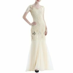 Women's Retro 1920s Sequin Dress Long Dress Maxi Dress Party Evening Party Sequins Mesh Geometric V Neck Short Sleeve Regular Fit Spring Fall 2023 Black Red S M L XL