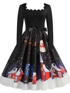 Women's Christmas Vintage Dress Midi Dress Black And White Green Black Long Sleeve Santa Claus Bow Winter Fall Autumn Square Neck Stylish Christmas Vacation 2022 S M L XL XXL 3XL -LIGHTINTHEBOX Shop qmzpdb1667637300957