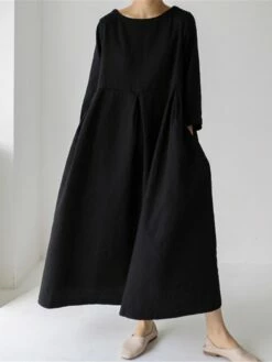 Women's Cotton Linen Dress Casual Dress Swing Dress Maxi Long Dress Cotton Blend Basic Classic Outdoor Daily Crew Neck Pocket Smocked Long Sleeve Summer Spring Fall 2023 Loose Fit Black Yellow Green -LIGHTINTHEBOX Shop qnesoi1673850080096