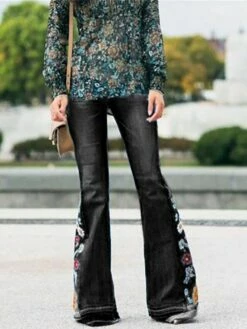 Women‘s Flare Jeans Bell Bottom Pants Trousers Full Length Denim Embroidered Pocket Micro-elastic High Waist Fashion Streetwear Street Daily Black Blue S M Summer Fall -LIGHTINTHEBOX Shop qnogtc1689752276175