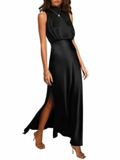 Women's Prom Dress Party Dress Satin Dress Long Dress Maxi Dress Black Light Green Wine Sleeveless Pure Color Split Summer Spring Stand Collar Fashion Evening Party Wedding Guest Vacation Loose Fit -LIGHTINTHEBOX Shop qoomvb1678413535160