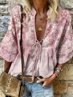 Women's Shirt Blouse Pink Blue Purple Floral Lace Up Print 3/4 Length Sleeve Casual Holiday Daily V Neck Regular Fit Floral Spring &Fall -LIGHTINTHEBOX Shop qoqkph1694499891521