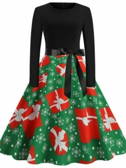 Women's Christmas Swing Dress Vintage Dress Midi Dress Green Blue Light Green Long Sleeve Santa Claus Bow Winter Fall Autumn Crew Neck Fashion Daily Date 2022 S M L XL XXL 3XL -LIGHTINTHEBOX Shop qppmhm1667894621059