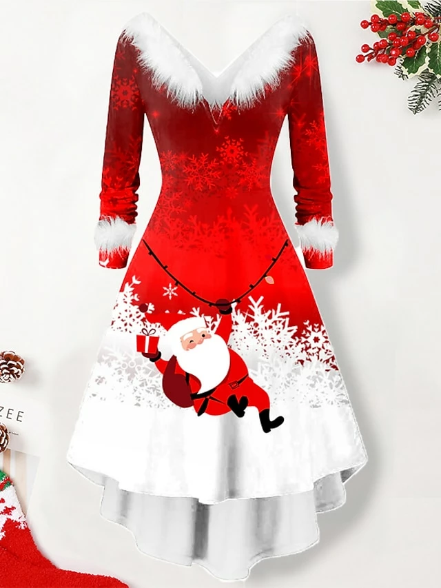 Women's Christmas Swing Dress Vintage Dress Midi Dress Green Silver Wine Red Brown White Long Sleeve Print Plus High Low Print Winter Fall V Neck Vintage Romantic Traditional 2022 S M L XL 2XL 6 Women's Christmas Swing Dress Vintage Dress Midi Dress Green Silver Wine Red Brown White Long Sleeve Print Plus High Low Print Winter Fall V Neck Vintage Romantic Traditional 2022 S M L XL 2XL - Image 4