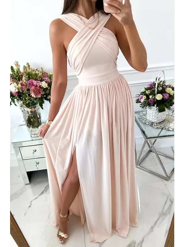 Women's Party Dress Wedding Guest Dress Long Dress Maxi Dress Wine Red Beige Sleeveless Pure Color Backless Spring Summer Halter Neck 2023 S M L XL XXL 5 Women's Party Dress Wedding Guest Dress Long Dress Maxi Dress Wine Red Beige Sleeveless Pure Color Backless Spring Summer Halter Neck 2023 S M L XL XXL - Image 3