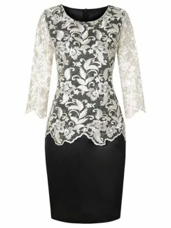 Women‘s Plus Size Curve Party Dress Floral Crew Neck Lace Long Sleeve Spring Fall Elegant Prom Dress Knee Length Dress Formal Party Dress -LIGHTINTHEBOX Shop qqjpsx1634359504349