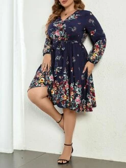 Women's Plus Size Party Dress Wedding Guest Dress Tunic Dress Mini Dress Dark Blue Long Sleeve Flower With Belt Spring Fall Winter V Neck Fashion Winter Dress Evening Party Wedding Guest 2023 XL XXL -LIGHTINTHEBOX Shop qqzats1693535765022