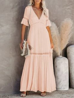 Women's Long Dress Maxi Dress Party Dress Casual Dress Sundress Pure Color Basic Casual Outdoor Daily Vacation Lace Patchwork Half Sleeve V Neck Dress Loose Fit White Summer Spring S M L XL XXL -LIGHTINTHEBOX Shop qseyqi1678356596212