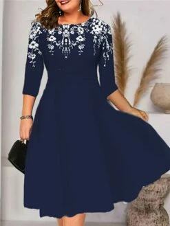 Women‘s Plus Size Curve A Line Dress Floral Crew Neck Print 3/4 Length Sleeve Spring Fall Elegant Casual Midi Dress Daily Vacation Dress 3D Print