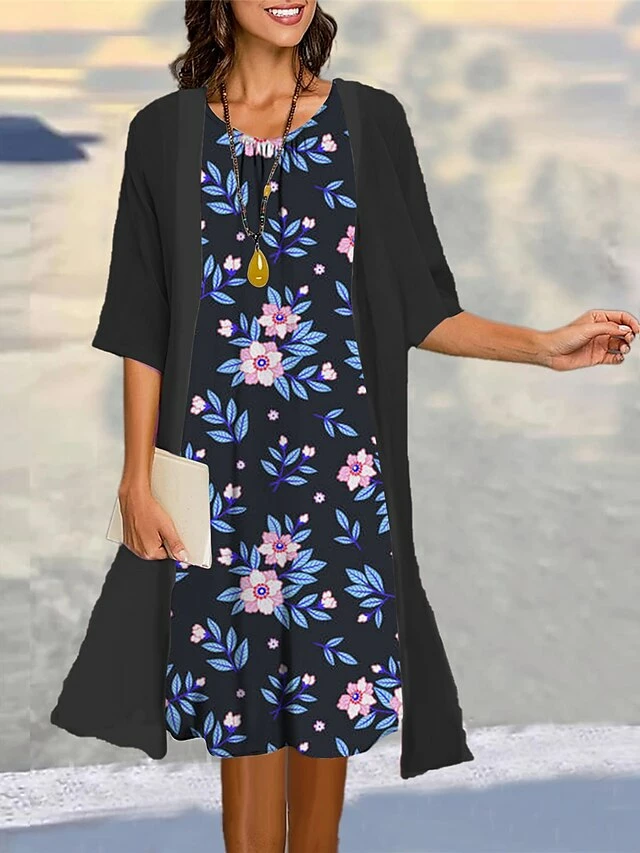 Women's Two Piece Dress Set Casual Dress Print Dress Outdoor Daily Fashion Elegant Print Midi Dress Crew Neck 3/4 Length Sleeve Floral Regular Fit Black Yellow Red Summer Spring S M L XL XXL 5 Women's Two Piece Dress Set Casual Dress Print Dress Outdoor Daily Fashion Elegant Print Midi Dress Crew Neck 3/4 Length Sleeve Floral Regular Fit Black Yellow Red Summer Spring S M L XL XXL - Image 3