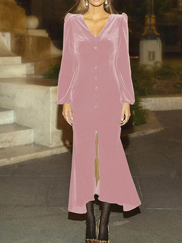 Women‘s Christmas Party Dress Velvet Dress Wedding Guest Dress Midi Dress Black Pink Wine Long Sleeve Pure Color Button Spring Fall Winter V Neck Fashion Winter Dress Office Evening Party 2023 8 Women‘s Christmas Party Dress Velvet Dress Wedding Guest Dress Midi Dress Black Pink Wine Long Sleeve Pure Color Button Spring Fall Winter V Neck Fashion Winter Dress Office Evening Party 2023 - Image 6
