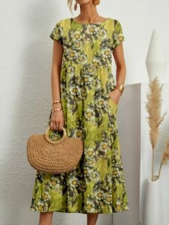 Women's Casual Dress Cotton Linen Dress Swing Dress Midi Dress Linen / Cotton Blend Fashion Casual Outdoor Daily Holiday Crew Neck Pocket Print Short Sleeve Summer Spring 2023 Loose Fit ArmyGreen -LIGHTINTHEBOX Shop qtwucr1687249987595