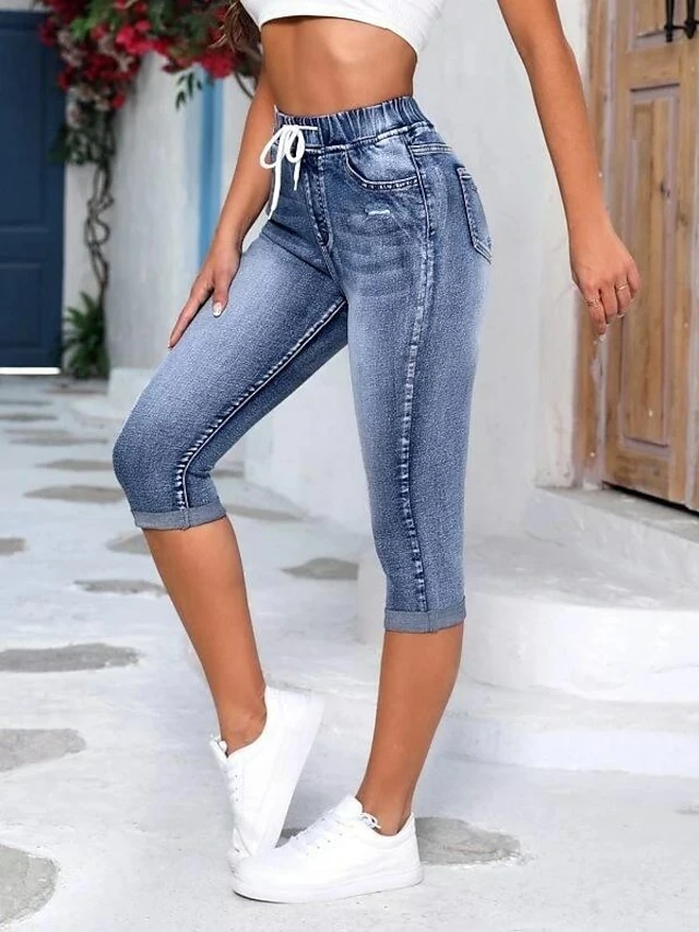 Women's Jeans Calf-Length Denim Faux Denim Side Pockets Micro-elastic Fashion Casual Daily Navy Blue S M 4 Women's Jeans Calf-Length Denim Faux Denim Side Pockets Micro-elastic Fashion Casual Daily Navy Blue S M - Image 2