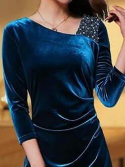 Women's Party Dress Velvet Dress Cocktail Dress Midi Dress Blue 3/4 Length Sleeve Pure Color Ruched Spring Fall Winter V Neck Fashion Birthday Wedding Guest Fall Dress 2023 M L XL XXL 3XL 4XL -LIGHTINTHEBOX Shop qudinm1693807438962