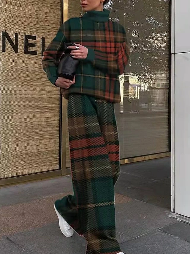 Women's Shirt Pants Sets Black Red Green Geometric Plaid Houndstooth Print Long Sleeve Casual Daily Streetwear Turtleneck Regular Fit Fall & Winter 4 Women's Shirt Pants Sets Black Red Green Geometric Plaid Houndstooth Print Long Sleeve Casual Daily Streetwear Turtleneck Regular Fit Fall & Winter - Image 2