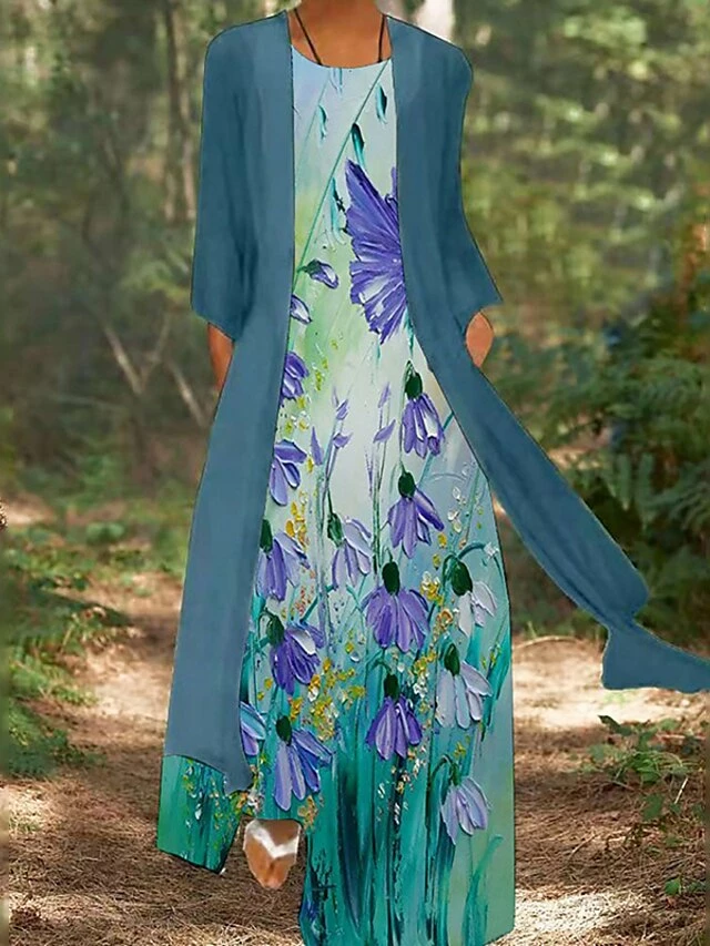 Women's Casual Dress Dress Set Two Piece Dress Long Dress Maxi Dress Blue Purple Long Sleeve Floral Print Summer Spring Crew Neck Vacation Winter Dress Fall Dress Loose Fit 2023 M L XL XXL 3XL 4XL 5XL 5 Women's Casual Dress Dress Set Two Piece Dress Long Dress Maxi Dress Blue Purple Long Sleeve Floral Print Summer Spring Crew Neck Vacation Winter Dress Fall Dress Loose Fit 2023 M L XL XXL 3XL 4XL 5XL - Image 3