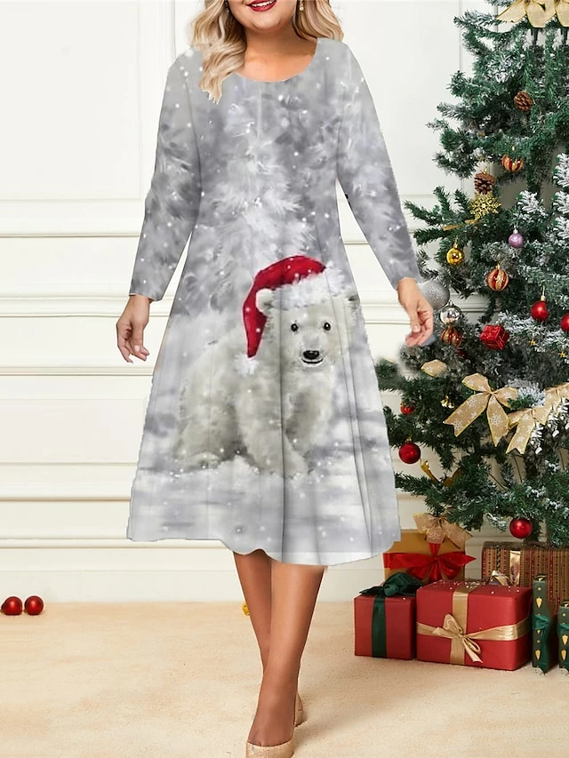 Women's Christmas Plus Size Curve Casual Dress Skater Dress A Line Dress Animal Christmas Tree Midi Dress Long Sleeve Print Crew Neck Fashion Outdoor White Blue Fall Winter L XL XXL 3XL 4XL 6 Women's Christmas Plus Size Curve Casual Dress Skater Dress A Line Dress Animal Christmas Tree Midi Dress Long Sleeve Print Crew Neck Fashion Outdoor White Blue Fall Winter L XL XXL 3XL 4XL - Image 4
