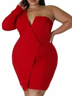 Women‘s Plus Size Curve Party Dress Solid Color One Shoulder Long Sleeve Fall Winter Formal Knee Length Dress Party Date Dress