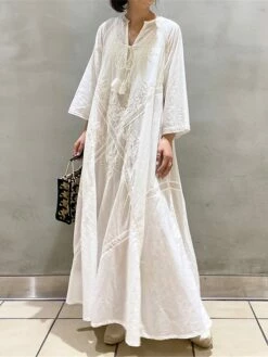 Women's Casual Dress Cotton Linen Dress Swing Dress Maxi Long Dress Linen Basic Classic Outdoor Daily Vacation V Neck Ruched Long Sleeve Spring Fall Winter 2023 Loose Fit White Plain One-Size