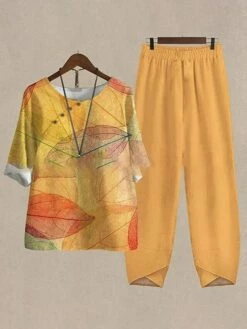 Women's Shirt Pants Sets Black Yellow Pink Floral Plant Print Holiday Weekend Daily Basic Neon & Bright Round Neck Regular Fit Fall & Winter