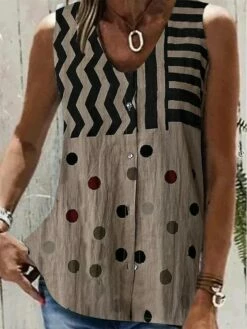 Women's Tank Top Khaki Polka Dot Striped Button Print Sleeveless Casual Basic V Neck Regular Fit