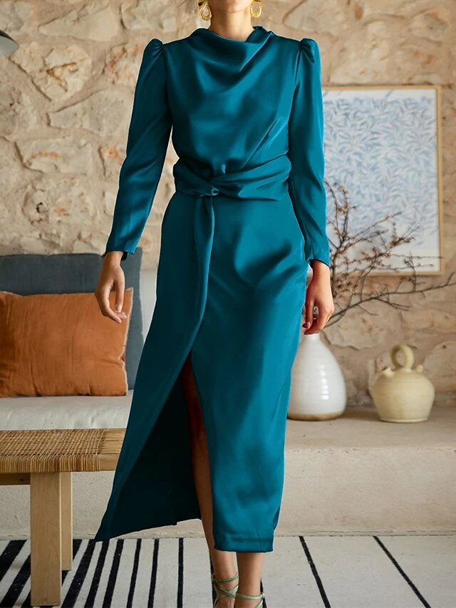 Women's Work Dress Satin Dress Semi Formal Dress Fashion Long Dress Maxi Dress Split Stand Collar Long Sleeve Plain Regular Fit Black Blue Sky Blue Fall Winter S M L XL 19 Women's Work Dress Satin Dress Semi Formal Dress Fashion Long Dress Maxi Dress Split Stand Collar Long Sleeve Plain Regular Fit Black Blue Sky Blue Fall Winter S M L XL - Image 17