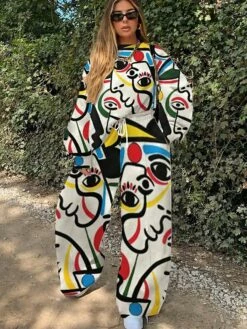 Women's Sweatshirt Pants Sets White Yellow Beige Printing Long Sleeve Daily Vacation Active Streetwear Crew Neck Loose Fit Fall & Winter -LIGHTINTHEBOX Shop qyqfus1634379341666