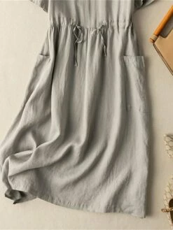 Women's Casual Dress Cotton Linen Dress A Line Dress Midi Dress Cotton Blend Basic Casual Outdoor Vacation Shirt Collar Pocket Short Sleeve Summer Spring 2023 Regular Fit Red Green Gray Plain M L XL -LIGHTINTHEBOX Shop qyqitj1682673452567