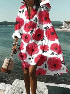 Women's Shirt Dress Casual Dress Swing Dress Mini Dress Outdoor Daily Vacation Polyester Fashion Casual Shirt Collar Button Print Long Sleeve Summer Spring Fall 2023 Loose Fit Red Floral S M L XL 2XL