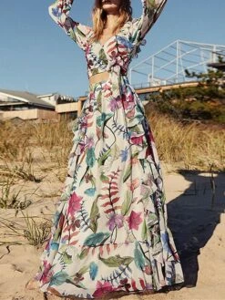 Women's Two Piece Dress Set Casual Dress Skirt Set Outdoor Daily Fashion Elegant Ruffle Print Long Dress Maxi Dress V Neck Long Sleeve Leaf Floral Regular Fit Purple Apricot Summer Spring S M L XL -LIGHTINTHEBOX Shop qzoiqn1689579863618