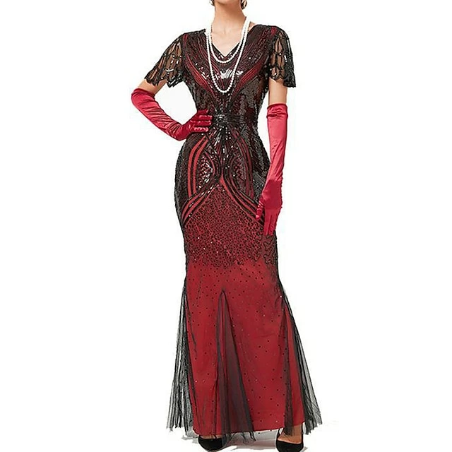 Women's Retro 1920s Sequin Dress Long Dress Maxi Dress Party Halloween Sequins Mesh Geometric V Neck Sleeveless Regular Fit Spring Fall 2023 Black Red XS S M L 5 Women's Retro 1920s Sequin Dress Long Dress Maxi Dress Party Halloween Sequins Mesh Geometric V Neck Sleeveless Regular Fit Spring Fall 2023 Black Red XS S M L - Image 3