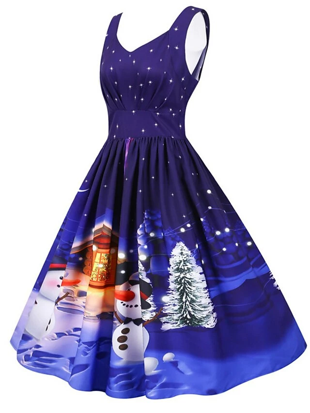 Women's Christmas Knee Length Dress Purple Black Red Navy Blue Light Blue Sleeveless Print Bow Print Fall Winter V Neck Casual Vintage2021 S M L XL XXL 5 Women's Christmas Knee Length Dress Purple Black Red Navy Blue Light Blue Sleeveless Print Bow Print Fall Winter V Neck Casual Vintage2021 S M L XL XXL - Image 3
